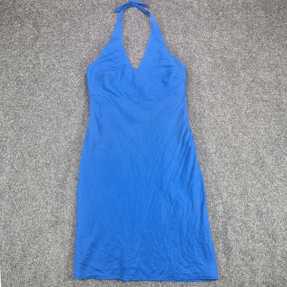 Vintage Ralph Lauren 100% Linen Dress Womens Medium Blue Halter V-Neck